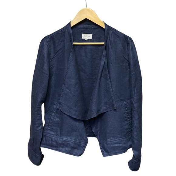 Lou & Grey 100% Linen Open Front Jacket Blazer Navy Blue Drape Womens Medium Top - Picture 1 of 10